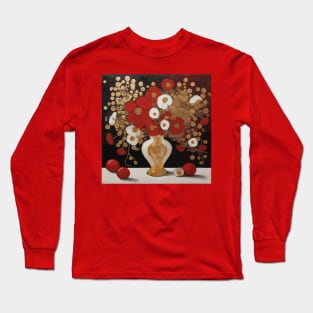 Red Gold and White Abstract Flowers in a White Vase After Klimt Long Sleeve T-Shirt